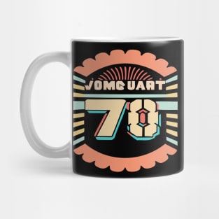 vintage-style t-shirt design that evokes the feeling of the 70s with a retro color scheme and a groovy font. Mug